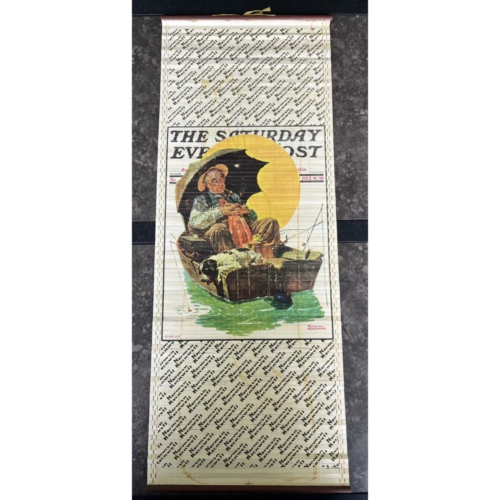 Vtg. Wooden 1984 Norman Rockwell‎ Year-Long Roll-Up Calendar Wall Hanging